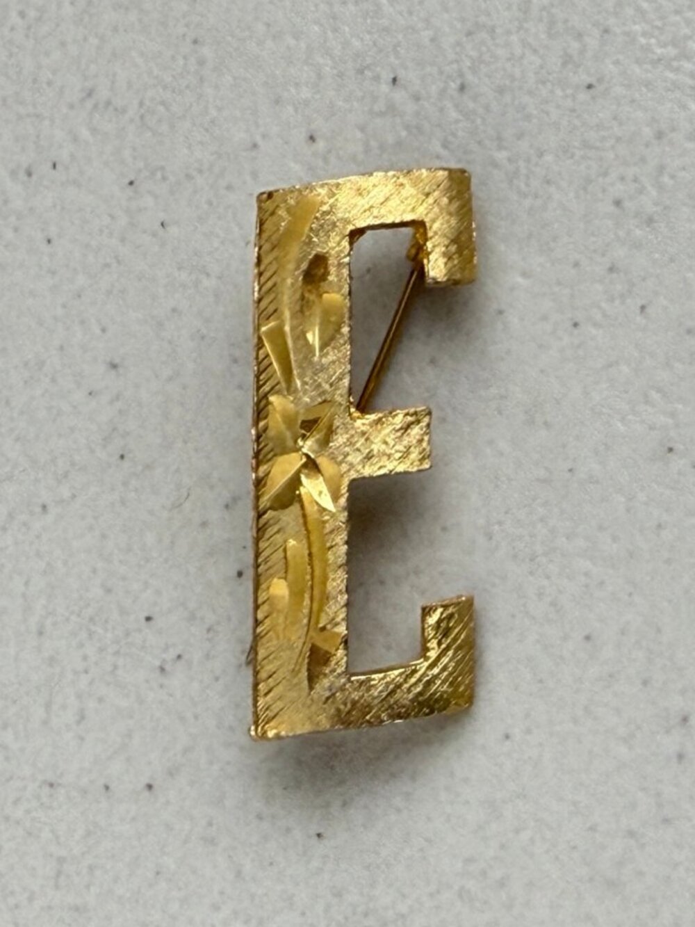 Vintage Letter E Brooch 70s Mamselle Gold Tone Metal Initial Pin Etched Details
